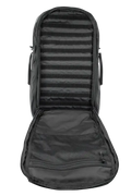 Black tactical backpack with MOLLE webbing and adjustable tie-down for discreet rifle storage