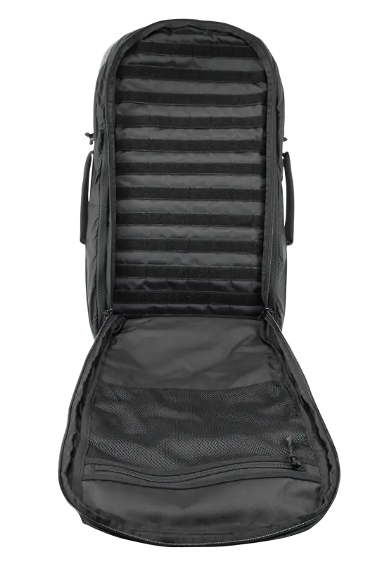 Black tactical backpack with MOLLE webbing and adjustable tie-down for discreet rifle storage