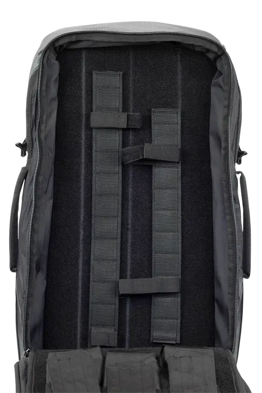 Black tactical backpack featuring MOLLE webbing, ideal discreet rifle backpack with removable magazine pouch