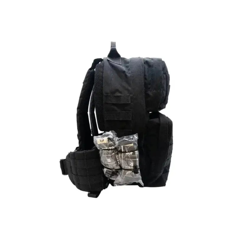 Black tactical backpack for The Field Medic Kit with multiple compartments and straps