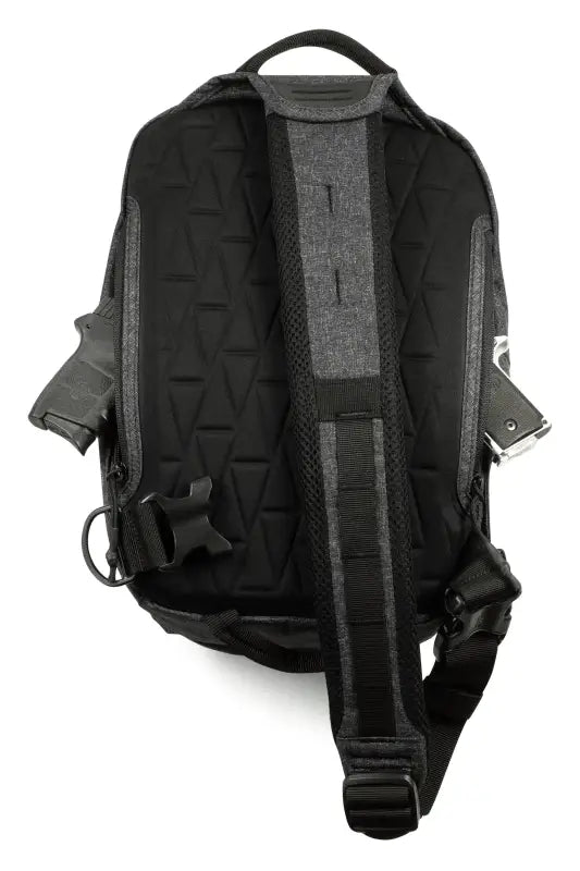 Black tactical backpack with padded straps and molle webbing for concealed carry sling