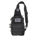 Black tactical sling bag with American flag patch and MOLLE webbing for bleeding control sling