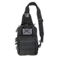 Black tactical sling bag with MOLLE webbing and American flag patch for bleeding control sling