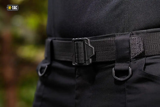 Black M-Tac Double Duty Tactical Belt with D-ring attachments and adjustable buckle