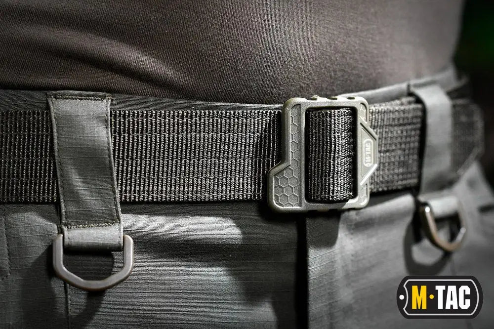 Black M-Tac Double Duty Tactical Belt Hex with metal buckle and D-ring attachments