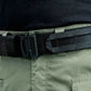 Black tactical battle belt with nylon webbing worn on Ranger Green cargo pants