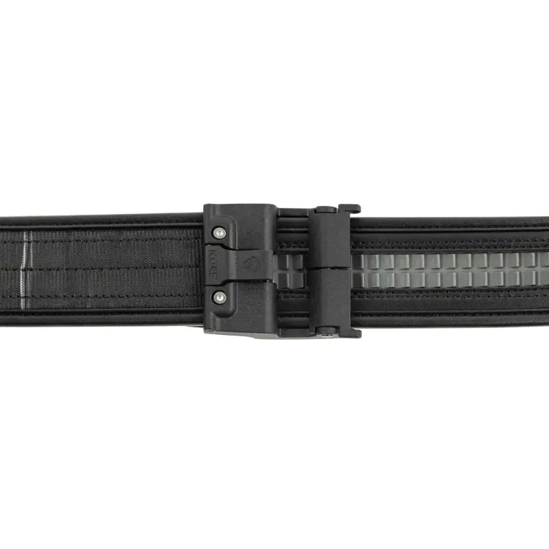 Black tactical basketweave duty belt with plastic buckle and textured surface pattern