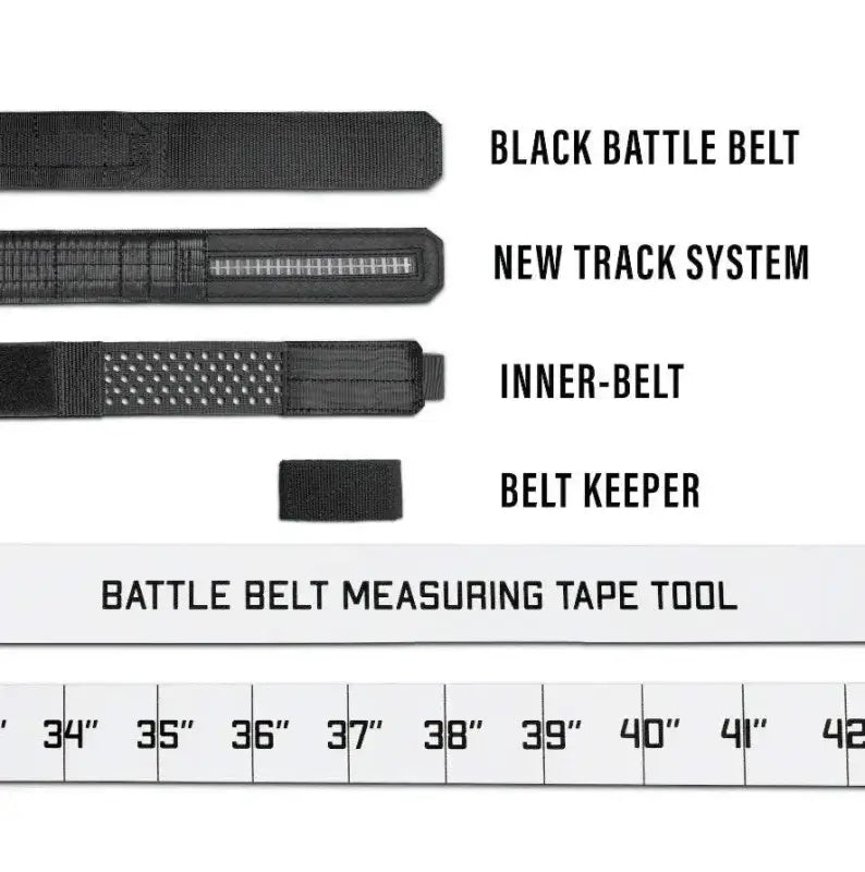 Black tactical battle belt system with track, inner-belt, and keeper components