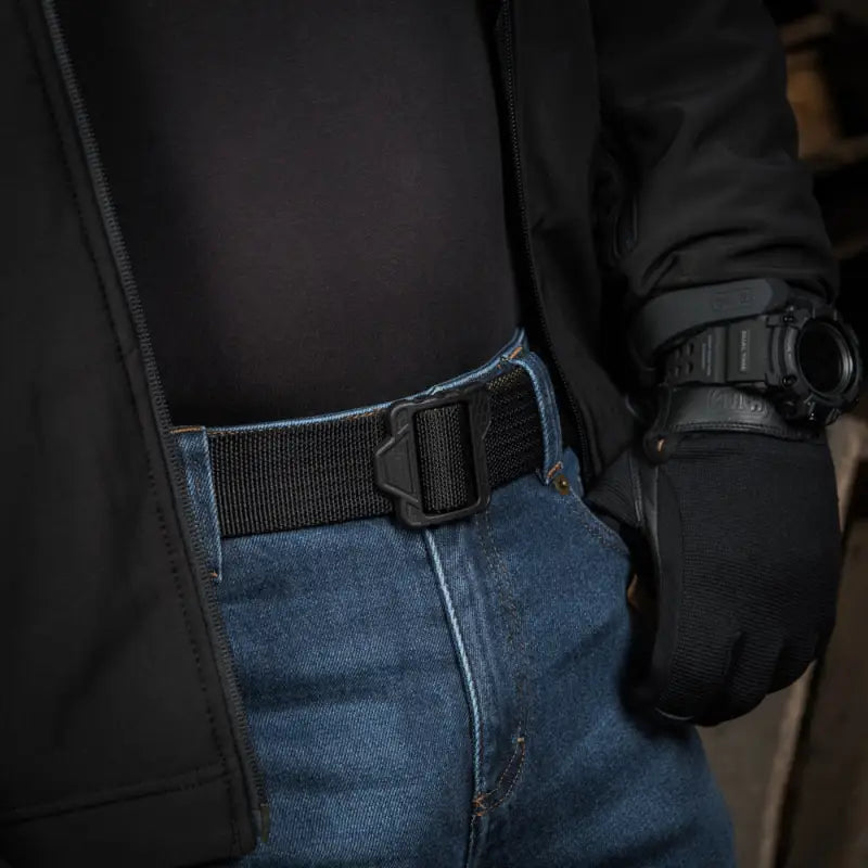 Black tactical belt through denim loops from M-Tac Double Sided Lite Tactical Belt Hex