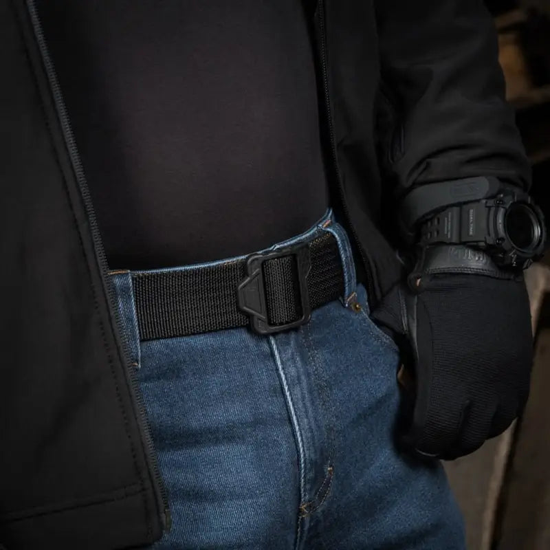 Black M-Tac Double Duty Tactical Belt Hex threaded through denim jeans loops