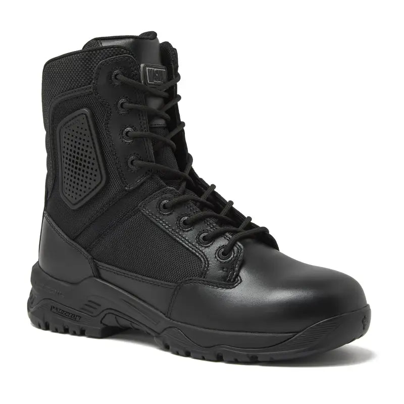 Black tactical boot with non-metallic composite sole for firefighter and first responder durability