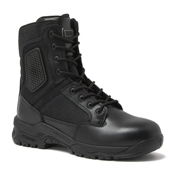 Black tactical boot with non-metallic composite sole for firefighter and first responder durability