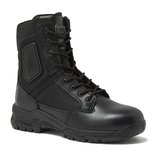 Black tactical boot with non-metallic composite sole for firefighter and first responder durability
