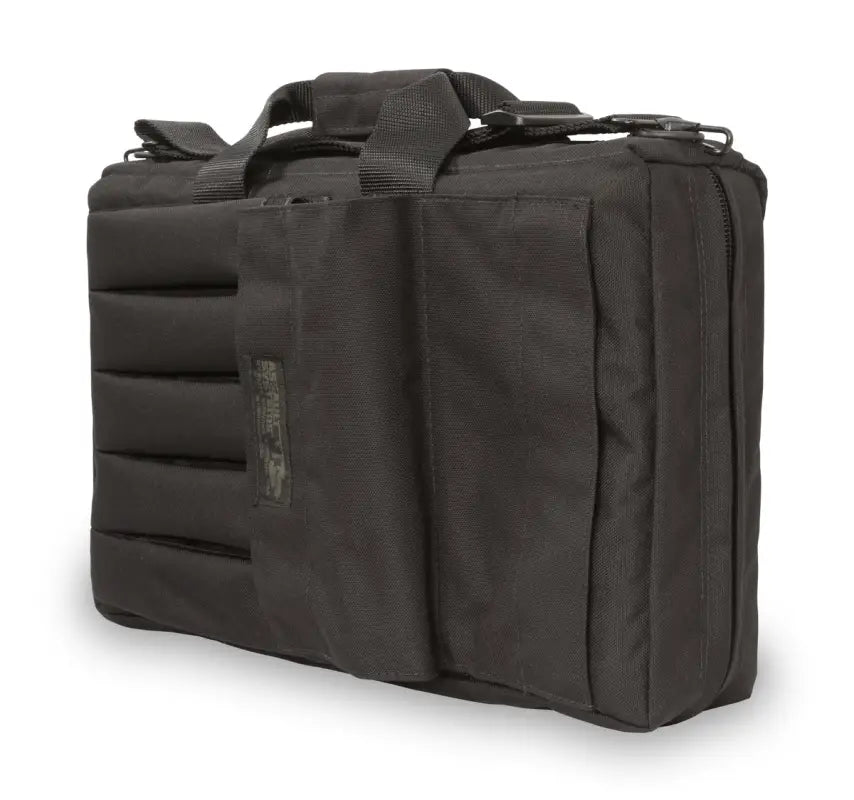 Black tactical briefcase with MOLLE webbing, ideal for H&K submachine gun case storage