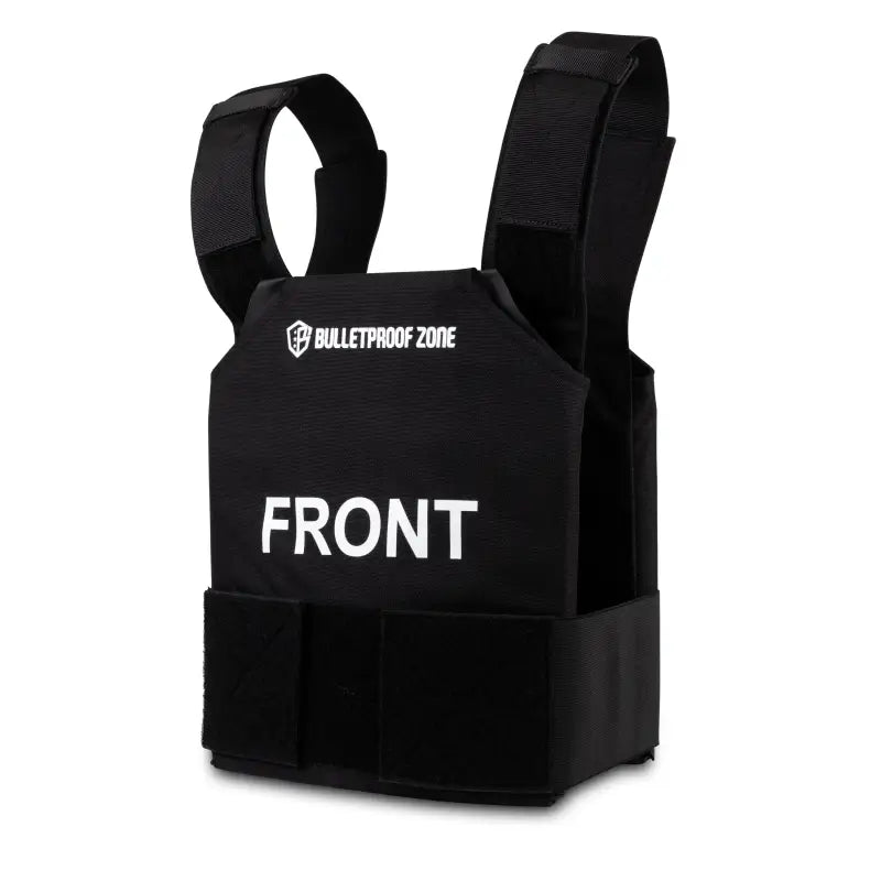 Black tactical Level III bulletproof vest with FRONT text, made of 600D Cordura fabric