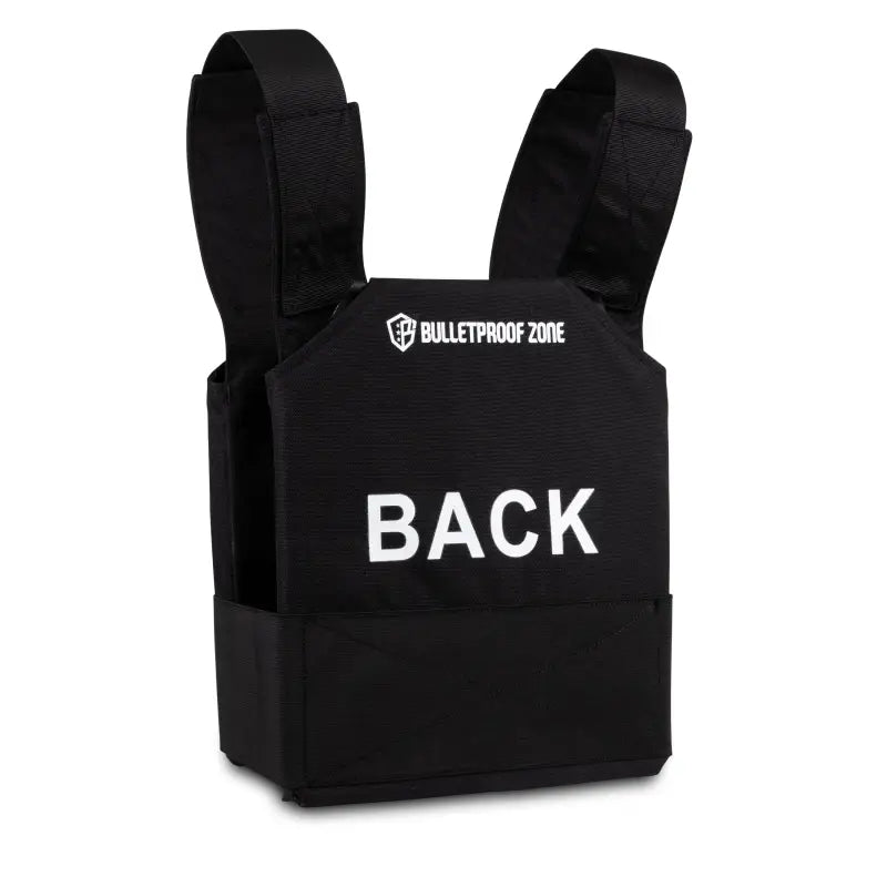 Black tactical bulletproof vest with BACK text, 10x12 Level III, durable 600D Cordura fabric