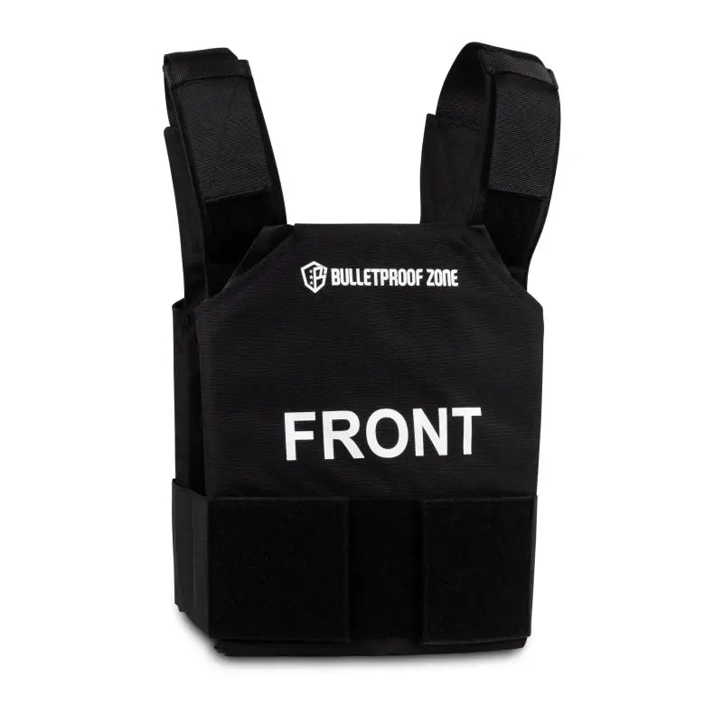 Black tactical bulletproof vest with FRONT text, ProtectVest® - Fast, NIJ Level IIIA