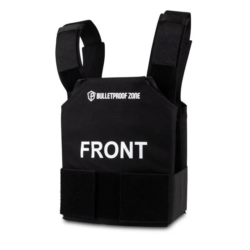 Black tactical bulletproof vest with FRONT text for ProtectVest L3 Mini, 8’’x10’’ Level III