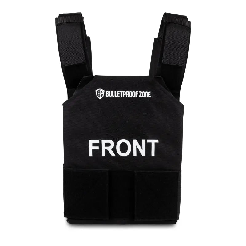 Black tactical bulletproof vest with FRONT text, made from 600D Cordura fabric, Level III protection