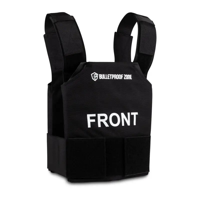 Black tactical Level III bulletproof vest with FRONT text, made from 600D Cordura fabric