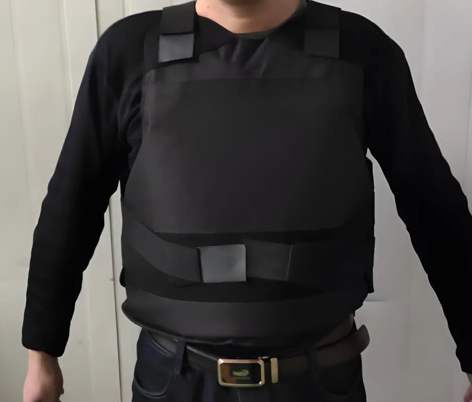 Black tactical ballistic vest over a long-sleeve shirt, NIJ Level IIIA rated