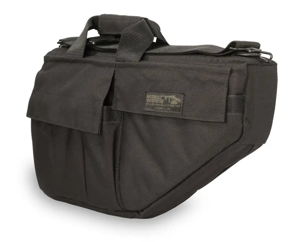 Black tactical duffle bag with multiple pockets for H&K submachine gun case