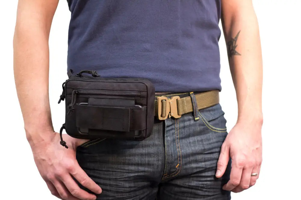 Black tactical fanny pack on coyote tan belt from Liberty Gun Pack for concealed carry