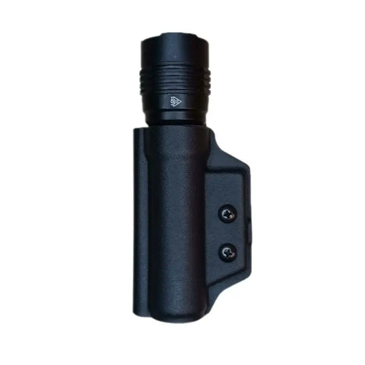 Black tactical flashlight holder with mounting clips for first responders with adjustment range