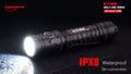Black tactical E11-G2 flashlight with 1300 lumens and IPX8 waterproof rating