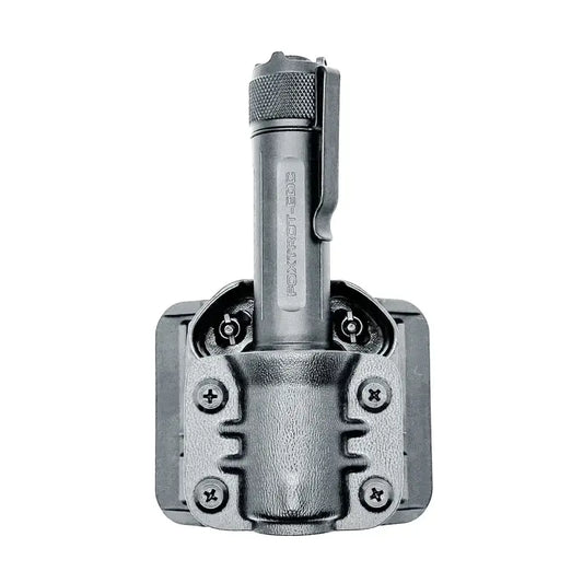 Black tactical flashlight in Sig Sauer flashlight carrier with Safariland QLS Fork mount