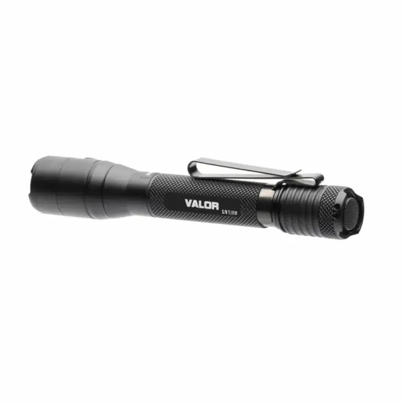 Black tactical flashlight with pocket clip, Powertac Valor 800 Lumen Cree XML-U3