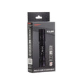 Black tactical flashlight in retail packaging for E11-G2 1300 Lumen rechargeable EDC