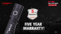 Black tactical E11-G2 1300 Lumen Rechargeable EDC Flashlight with warranty shield logo