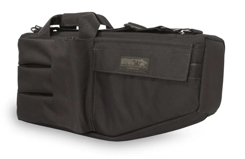 Black tactical soft gear bag with compartments for H&K submachine gun case