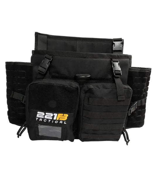 Black tactical Harlej Bag with pouches and MOLLE webbing, ideal for Seat Organizer Bag use