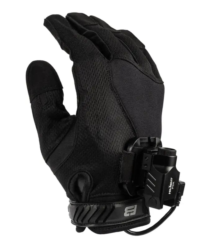 Black tactical glove with clip, ideal for hands-free Hilight P3X or Lumens light