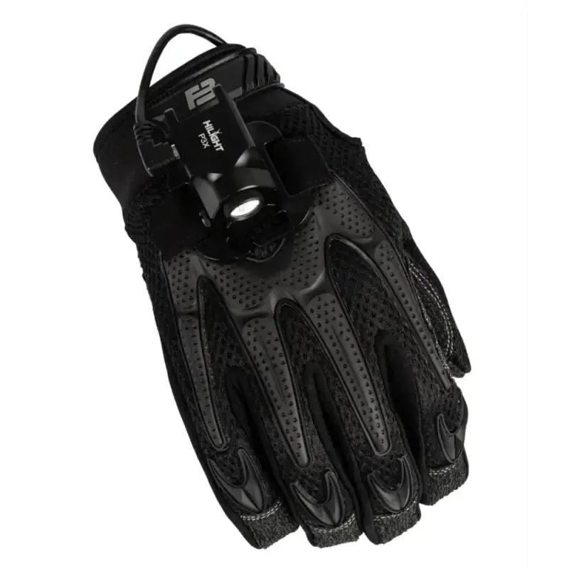 Black tactical glove with flashlight mount for Titan K-9 Gloves, hands-free Hilight P3X