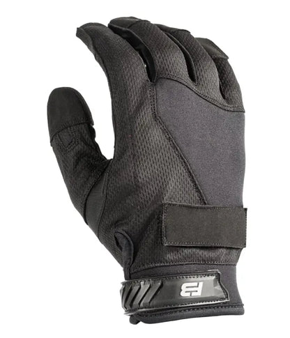 Black tactical glove with reinforced palm, adjustable strap; Exxtremity Patrol Gloves 2.0