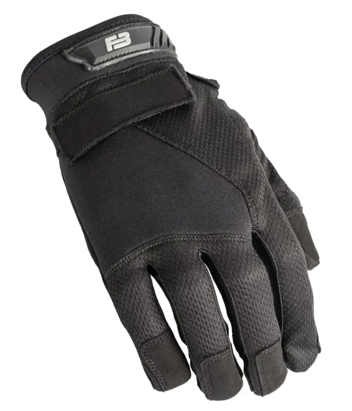 Black tactical glove with reinforced palm, adjustable wrist, compatible with hands-free hilight P3X