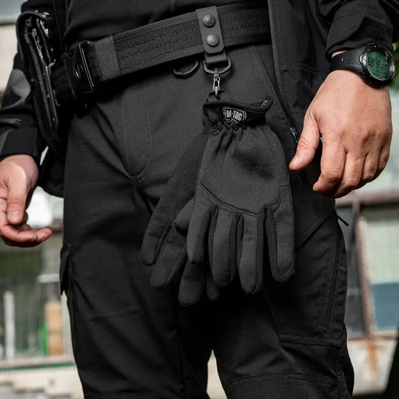 Black M-Tac Gloves Scout Tactical Mk.2 clipped to a duty belt for reliable grip