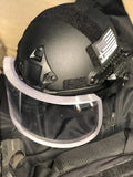 Black tactical helmet with clear ballistic face shield for redemption tactical body armor