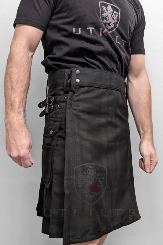 Black Isle Tartan Utility Kilt with utility pockets and embroidered design