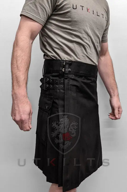 Blackout Utility Kilt featuring utility straps and buckles for a rugged style