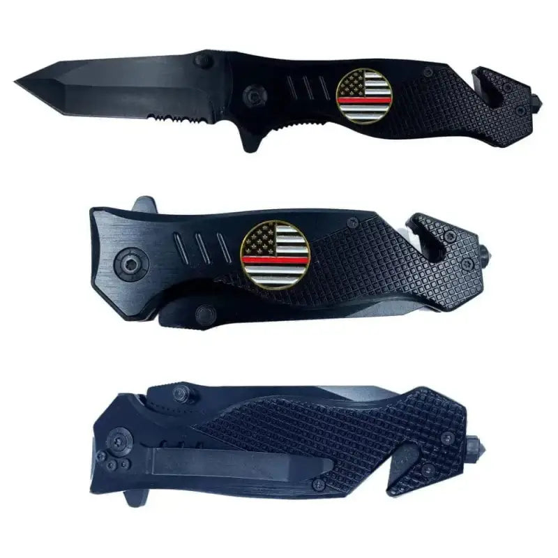 Black tactical rescue knife with American flag emblem, steel serrated blade, and features