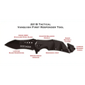 Black tactical folding knife with features of Vanquish First Responder Tool, including razor seatbelt cutter
