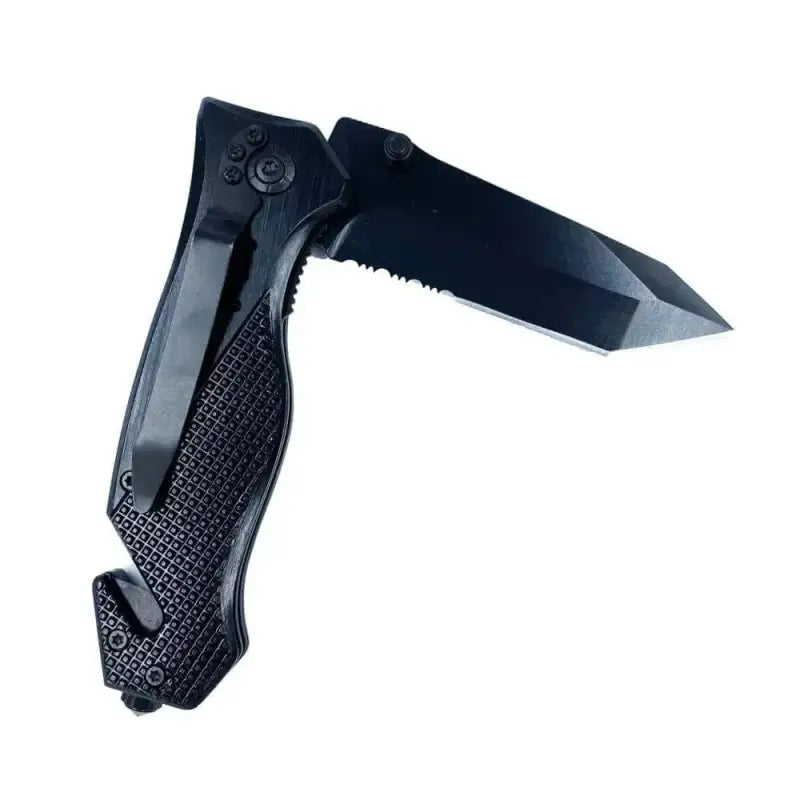 Black tactical rescue knife with steel serrated blade and textured grip handle