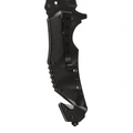 Black tactical folding knife with textured grip, featuring a carbide window-punch razor