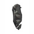 Black tactical folding knife with textured grip, featuring a carbide window-punch razor