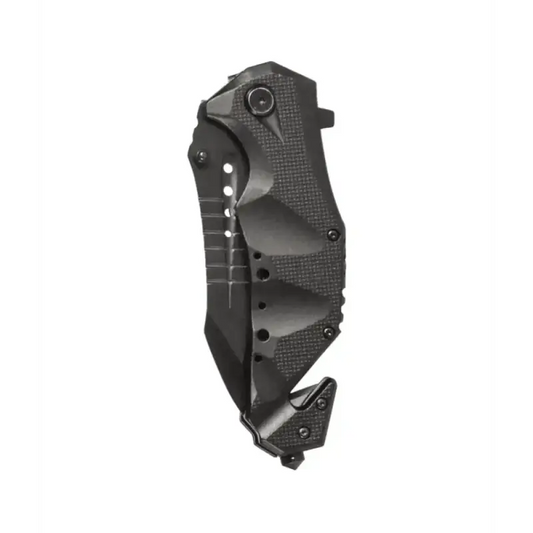 Black tactical folding knife with textured grip, featuring a carbide window-punch razor