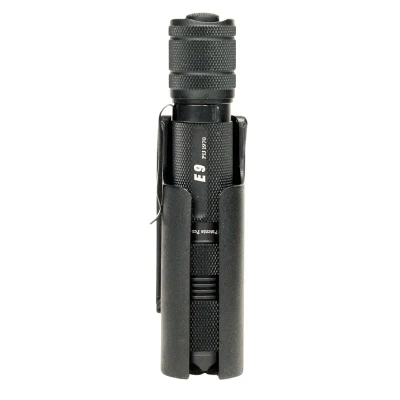 Black tactical LED flashlight in Engineered Plastic Clip-on Holster for M5Gen3